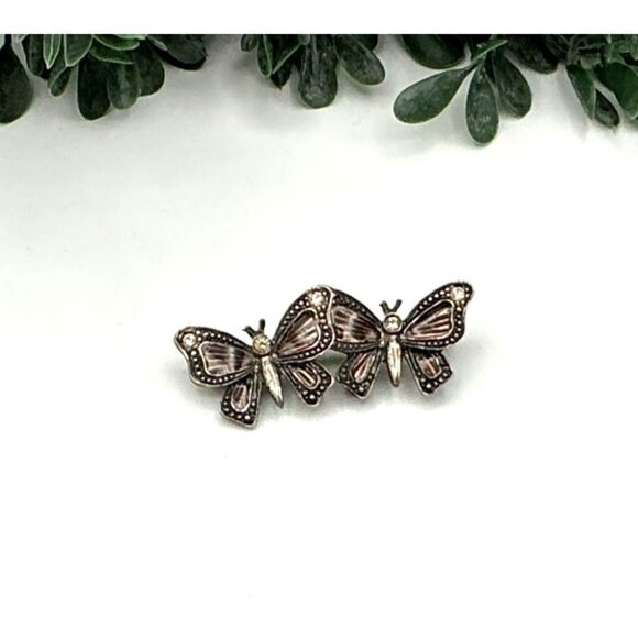 Vintage Marcasite Double Butterfly Brooch Silver Antique Insect Jewelry - Picture 2 of 4